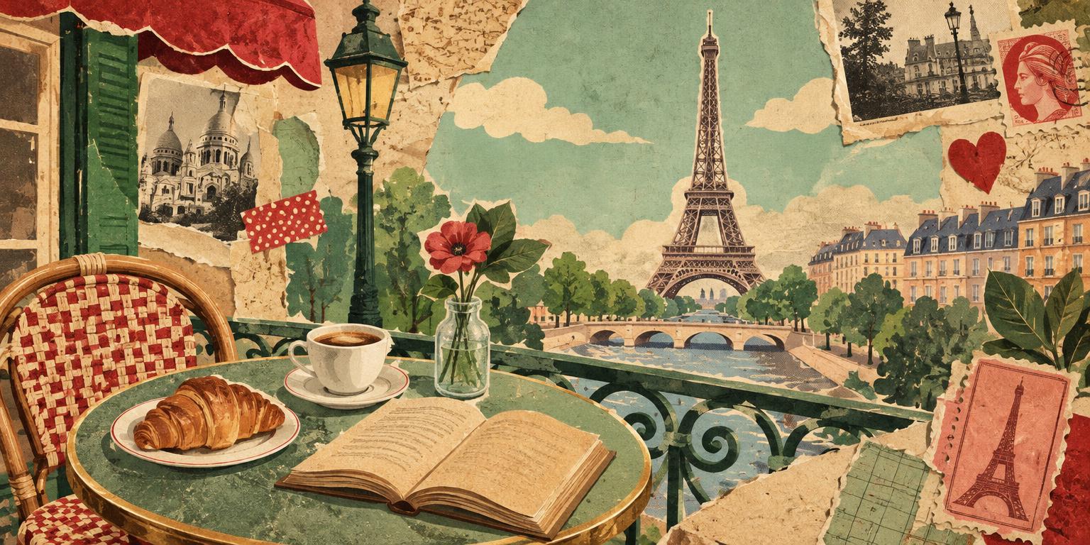 Varanda em Paris com croissant, livro e paleta de pintura